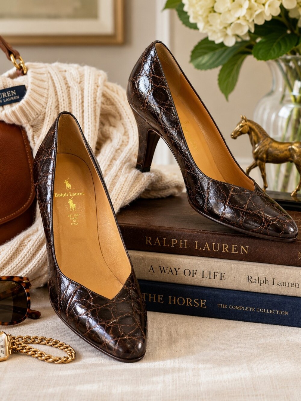 Ralph Lauren Collection Made in Italy Brown Croc Embossed Leather Heels 7.5B